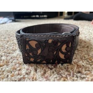 Vintage Black Walnut Western Tooled Belt with Cowboys - 32-34"